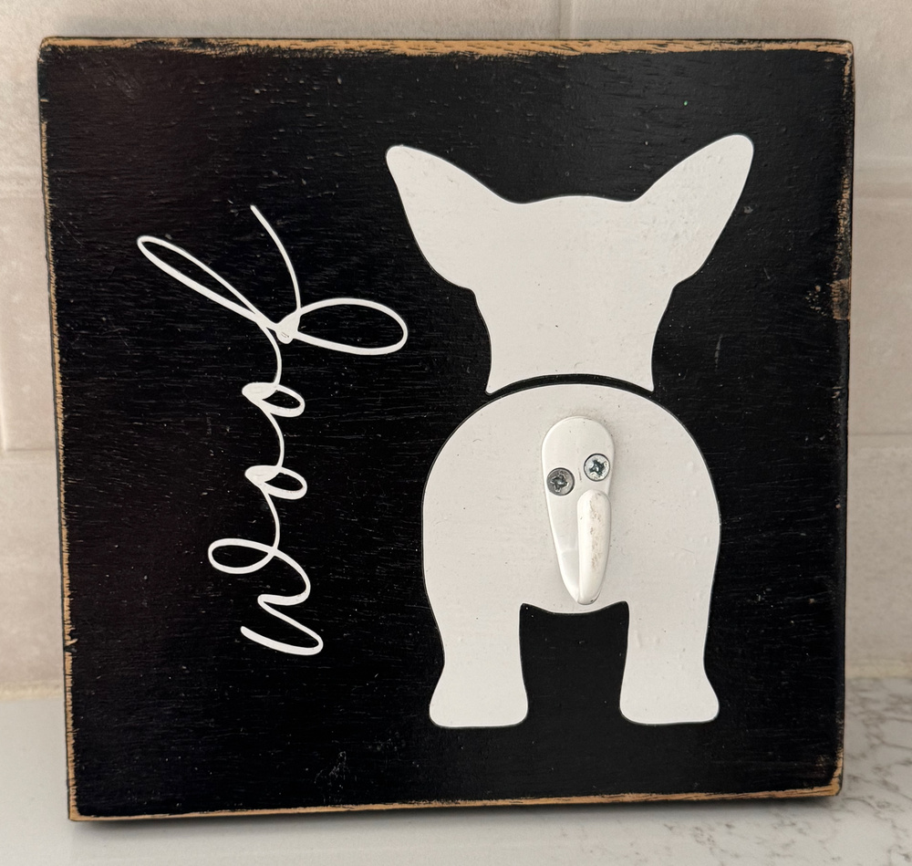 Frenchie Dog Leash Hook Wood Sign Plaque Woof Frenchie Butt Key Hanger Rustic